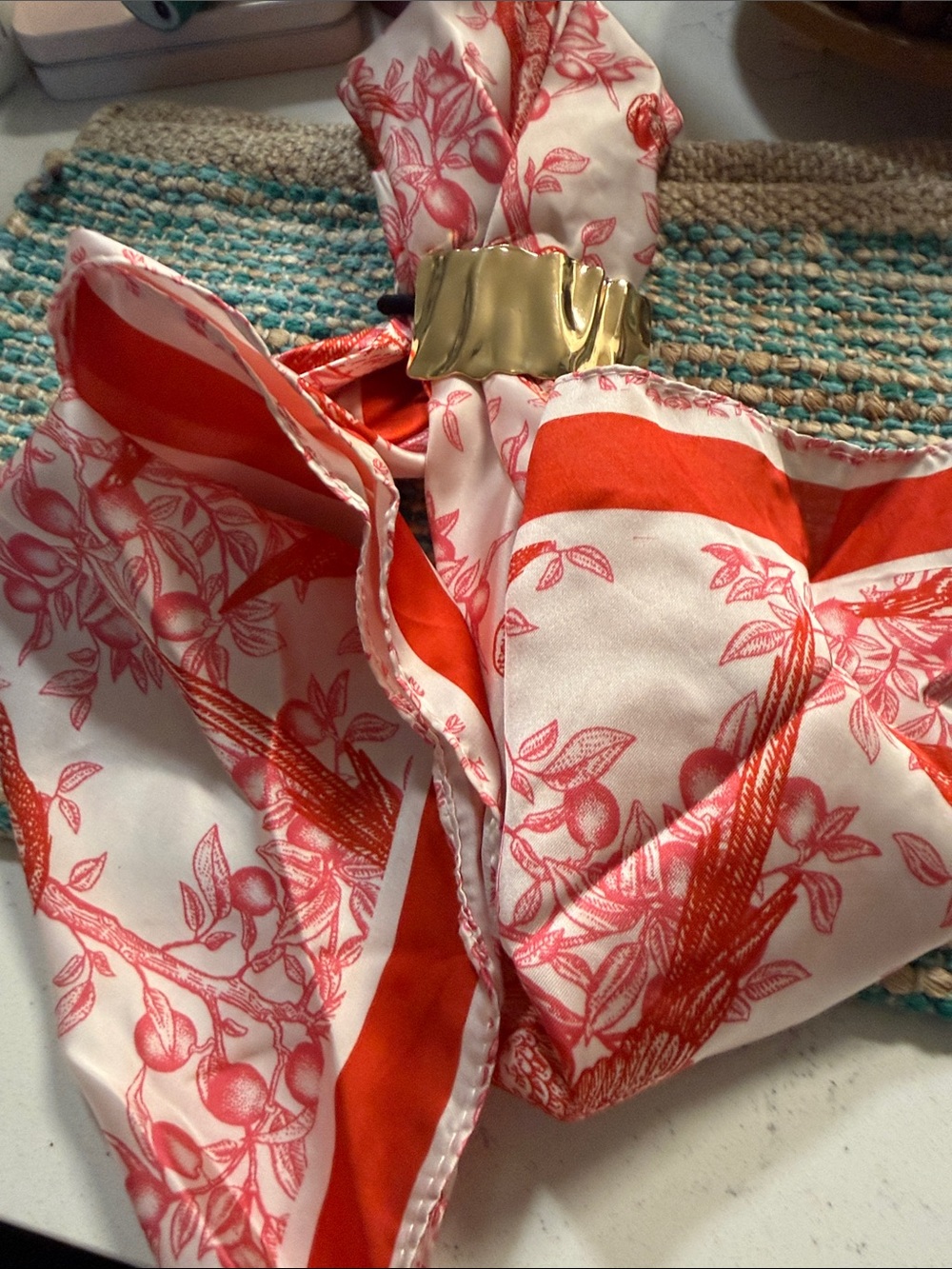 🌷NEW🌷Silk Floral Print Scarf with Gold Accent - Red & White